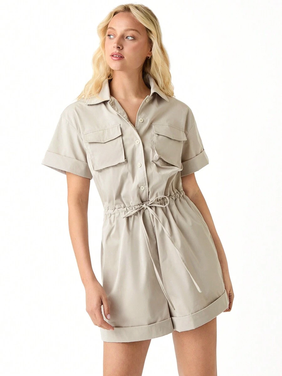 SHEIN EZwear 袋蓋口立領落肩襯衫連身褲 - 杏色 - 查看 1