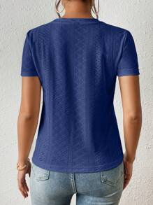 SHEIN Frenchy Blusa branca sólida com bordado de ilhós e gola redonda - Azul Royal - Visão 2