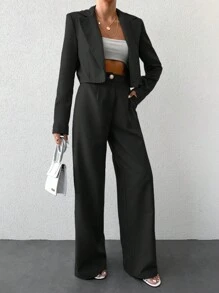 女士純色長袖西裝外套和長褲套裝，適合春夏穿著 - 黑色 - 查看 3