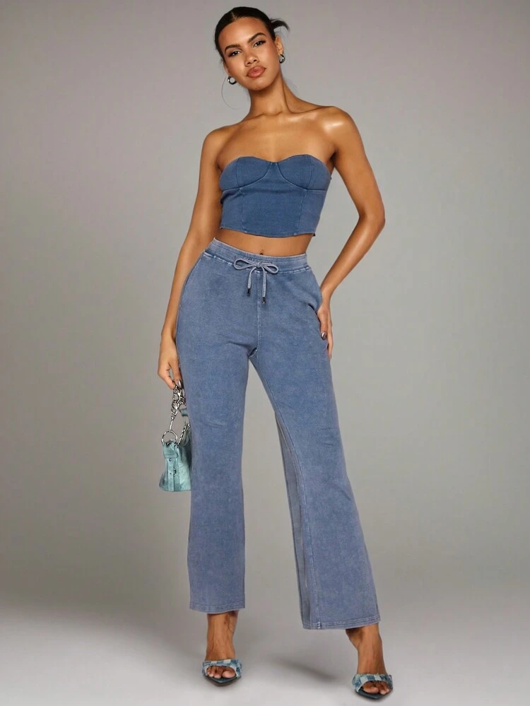 Solid Color Distressed Wasteland Style Snowflake Faded Elastic High Waist Slim Fit Flare Pants, Spring And Summer Knitted Ribbed Trousers Women Pants For Daily, Streetwear, Casual, Versatile Outfits.
