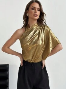 SHEIN Privé 女性夏季金屬質感單肩荷葉邊袖子襯衫 - 金色 - 查看 5