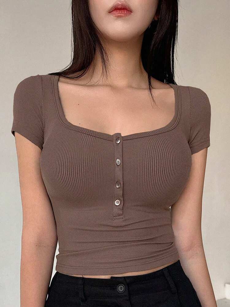 Women Solid Color Button Short Sleeve Basic T-Shirt