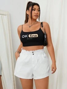 SHEIN ICON 大尺碼白色彈性腰身荷葉邊摺邊牛仔性感迷你短褲