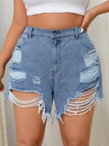SHEIN EZwear Plus Size Light Washed Blue Distressed Sexy Mini Shorts - Light Wash - View 4
