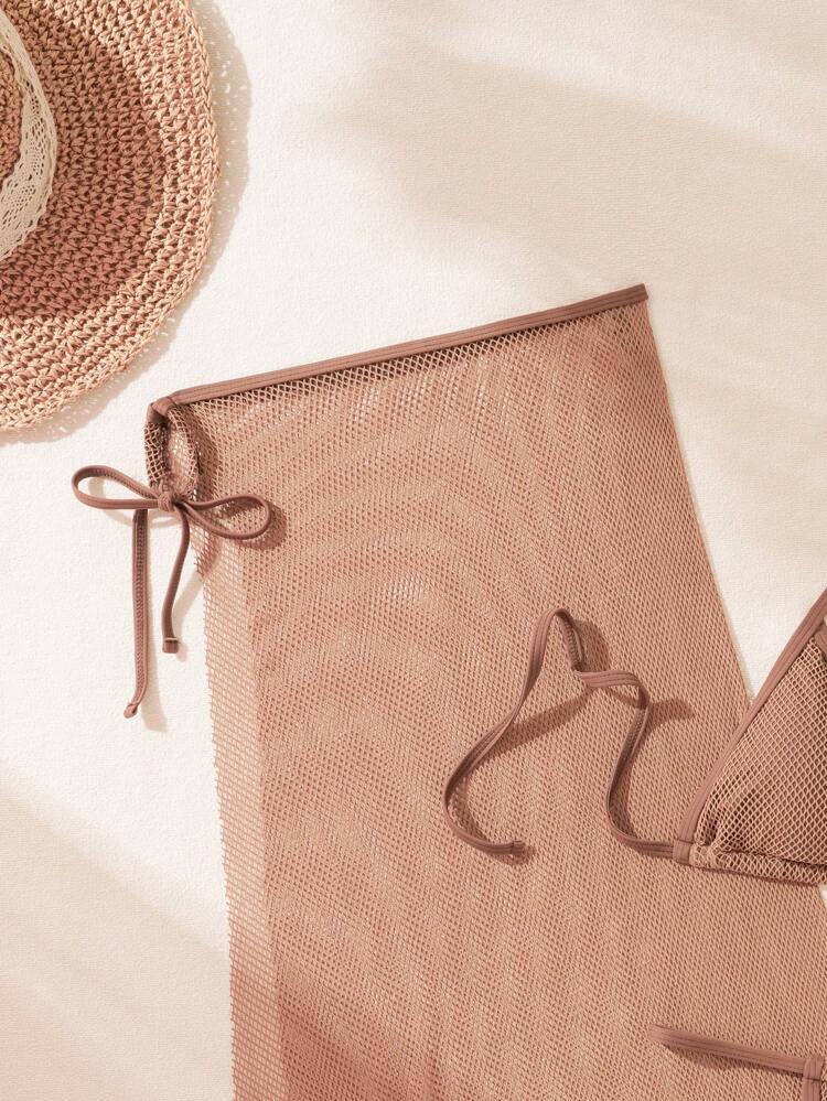 Women Solid Color Halter Neck Band Bikini Set For Holiday Beachwear, With Detachable Cups And Matching Cover-Up Skirt, 3-Piece Set Summer