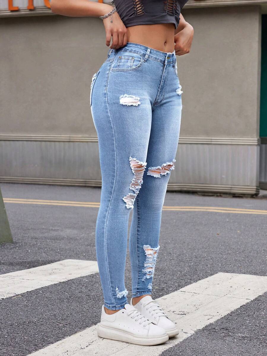 Women Street Style Distressed Skinny Jeans, Washed Denim With Holes, Fashionable And Versatile - Light Wash - View 1