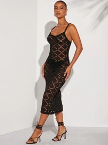 Hauture Women Hollow Out See-Through Spaghetti Strap Long Cover Up Dress For Summer Beach Vacation - Black - View 3
