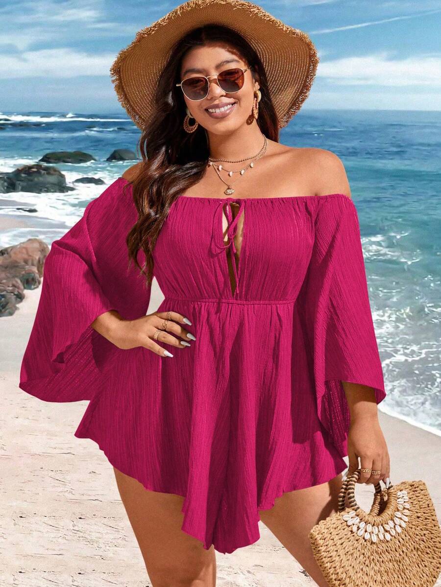 SHEIN Holidaya Cộng với kích thước màu trơn lệch vai Bộ áo liền quần viền bất đối xứng có dây rút - Màu Hồng Tươi - Xem 1