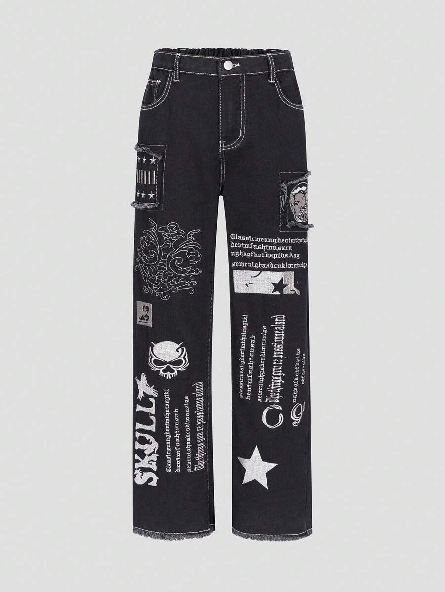 Teen Girl Rock Punk Style Embroidered Detail Raw Hem Straight Leg Jeans