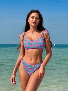 SHEIN Swim 夏季海灘花卉印花收紋推擠加厚肩帶比基尼套裝 - 彩色 - 查看 3