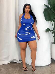 Maweii Vestido de suéter halter ajustado a la espalda sin mangas de talla grande y mini con bloque de color para vacaciones de verano