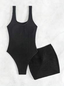 SHEIN Swim Traje De Baño De Una Pieza Sin Mangas, Corte Entallado, De Punto Acanalado De Summer Beach Y Falda Anudada