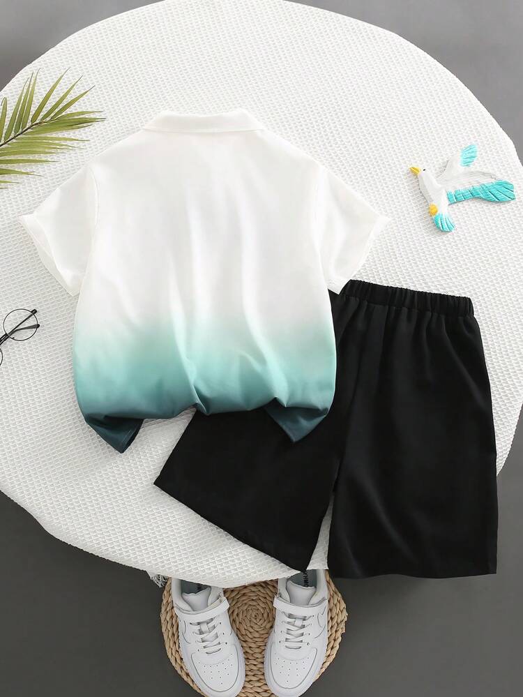 Tween Boy Casual Streetwear Letter Printed Turn-Down Collar Short Sleeve Shirt And Solid Color Shorts Woven 2pcs/Set With Solid Color Knit Round Neck Tank Top, Multi-Pieces