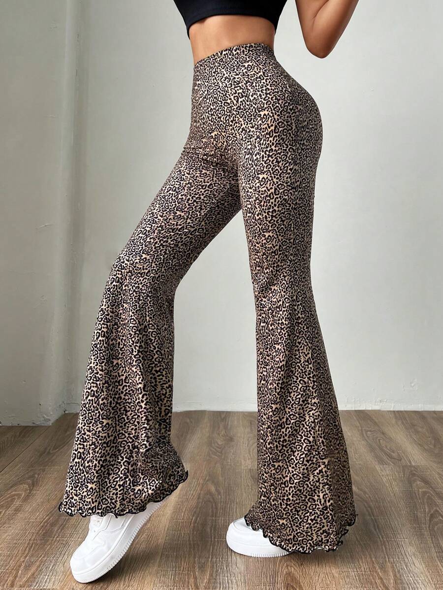 SHEIN EZwear Coffee Leopard Print Knitted Flare Leg Pants For Women - Multicolor - View 1