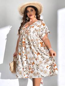 SHEIN CURVE+ 夏季假期大碼花卉印花蝙蝠袖連衣裙 - 彩色 - 查看 5