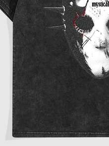 ROMWE MEN Goth Men Mask Print Round Neck Short Sleeve T-Shirt For Summer - Black - View 4