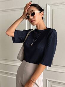 DAZY Solid Ribbed Knit Tee - Navy Blue - View 5