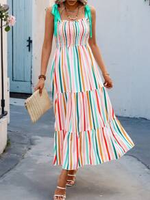 Breezaya 女士夏季假日條紋顏色拼接抽褶上身吊帶裙 - 彩色 - 查看 3