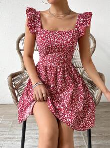 Breezaya 夏季随机碎花印花露背荷叶边下摆高腰连衣裙毕业礼服 - 紅色 - 查看 6