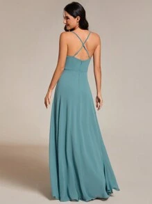 EVERPRETTY Chiffon Cowl Neck Cold Shoulder Contrast Bridesmaid Dress - Cadet Blue - View 2