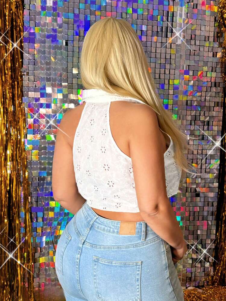 Plus Size Women's Hollow Out Embroidery Woven Fabric Non-Stretch Open Front Tie Strap Sleeveless Tank Top