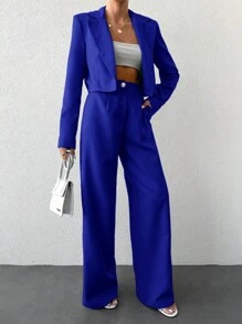 EURMUSE Women Solid Color Long Sleeve Suit Jacket And Pants, Suitable For Spring And Summer - Royal Blue - View 3