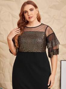 Modelyn Plus Mesh Yoke Sequin Bodice Dress - Multicolor - View 4