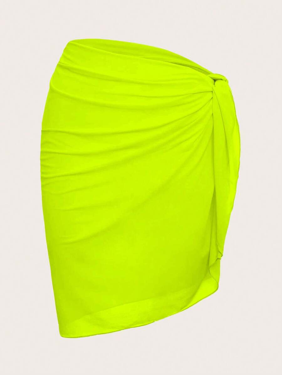 Swim Vcay Summer Beach Women Solid Color Simple Ruched Knot Side Cover Up Skirt - Yellow - View 1