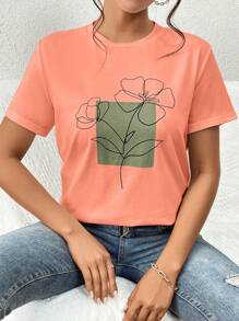 SHEIN Essnce NỮ Giải trí In Hoa Ngắn tay Áo thun Với Vòng cổ Cho mùa hè - Màu Cam san hô - Xem 5