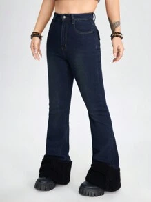 ROMWE Fairycore Fuzzy Panel Flare Leg Jeans - Blue - View 2