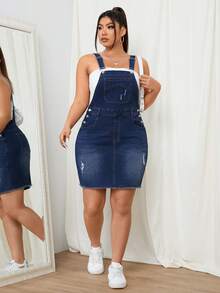 SHEIN EZwear Kích thước lớn Quần yếm Denim Đau khổ Váy không tay - Rửa tối - Xem 5