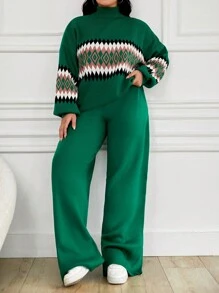 EURMUSE Plus Size Women's Geometric Pattern High Neck Sweater 2pcs/Set, For Winter - Multicolor - View 1
