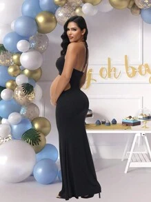 Maternity Solid Cut Out Waist Open Back Halter Bodycon Dress For Baby Shower, For Photoshoot - Black - View 4