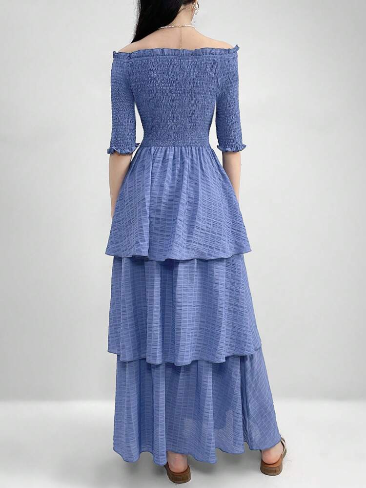 Women Solid Texture Off Shoulder Shirred Bodice Frill Trim Layered Ruffle Hem Dress