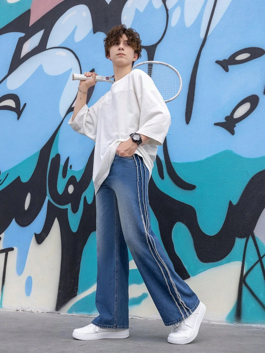Teen Boy Quần denim ống rộng giản dị và sành điệu mới - Rửa tối - Xem 1