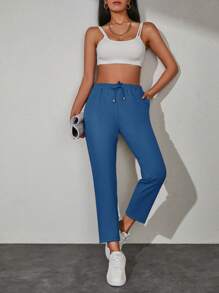 Drawstring Waist Slant Pocket Pants - Blue - View 3