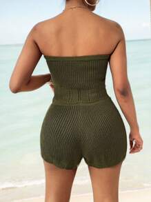Zolique Women Sweater Co-ords Simpul Rib-Knit Dasi Depan Plain Casual Seksi - Hijau Tentara - View 2