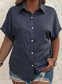 SHEIN LUNE 大尺碼女性時尚圓點短袖鈕扣衫 - 藏蓝色 - 查看 1