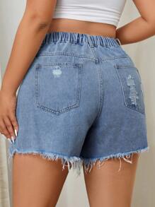 SHEIN EZwear Plus Size Light Washed Blue Distressed Sexy Mini Shorts - Light Wash - View 2