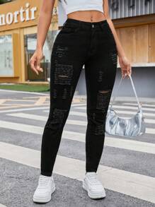 SHEIN EZwear Pantalones vaqueros negros rasgados ajustados para mujer, informales y elásticos - Negro - Ver 4