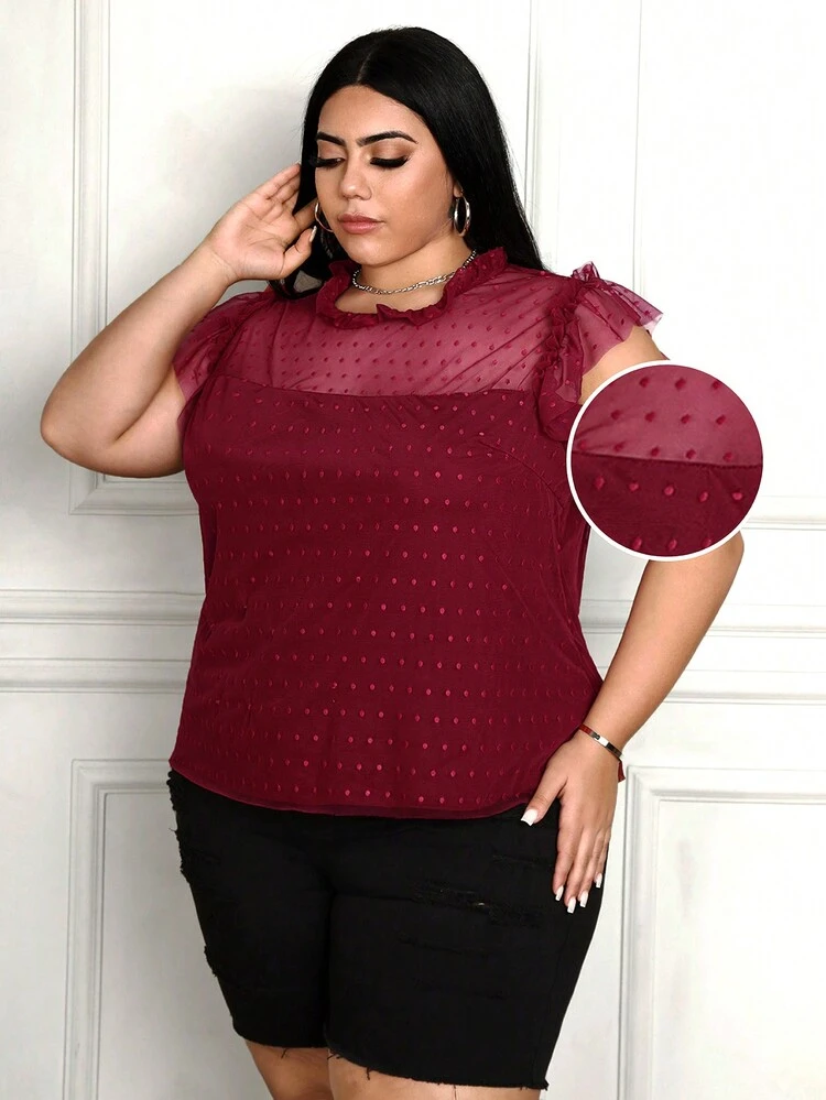 Plus Size Wine Red Mesh Paneled Top With Ruffle Hem For Women