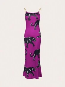 SHEIN SXY Summer Leopard Print Chain Detail Fish Tail Hem Spaghetti Strap Dress
