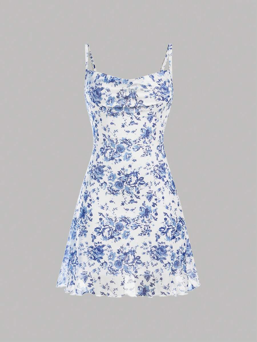 SHEIN Girlism 夏季少女優雅細肩帶連身裙,花卉印花和網眼覆蓋 - 彩色 - 查看 1
