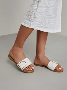 CUCCOO BIZCHIC Woman Shoes Fashionable Round Toe Woven Sandals With Metal Buckle Detail For Spring And Summer - White - View 7