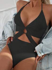 Swim Vcay 2026 Spring/Summer Solid Black & Silver Circular Ring Halter Deep V-Neck Sexy Backless Crop Top Bikini Swimsuit - Black - View 3