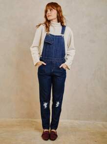 SHE(IN) BRASIL Ripped Pocket Front Denim Overalls - Rửa tối - Xem 4