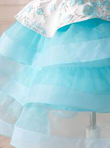 SHEIN Young Girls' Cute Floral Jacquard Patchwork Organza Ruffle Layered Dress