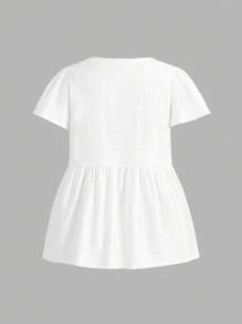 SHEIN Essnce Women Plus Size Round Neck Loose White Shirt With Ruffle Sleeve For Holiday, Date And Casual Occasions