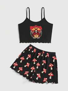 MFA ART STUDIO Sọ Và In Nấm Cami ngọn Và Quần short Bộ mặc nhà - màu đen - Xem 1