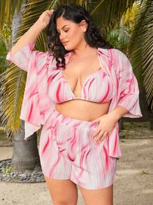 SHEIN SXY 大码女式 3 件套扭曲纹理印花短袖衬衫、短款露背上衣和短裤，适合休闲夏季服装，适合约会、休闲、购物、街头服饰、外出、度假、海滩，易于搭配且看起来苗条 - 彩色 - 查看 6